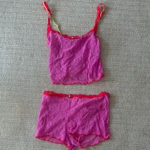 SKIMS Limited Edition Pink and Red Lace Sleepwear Set